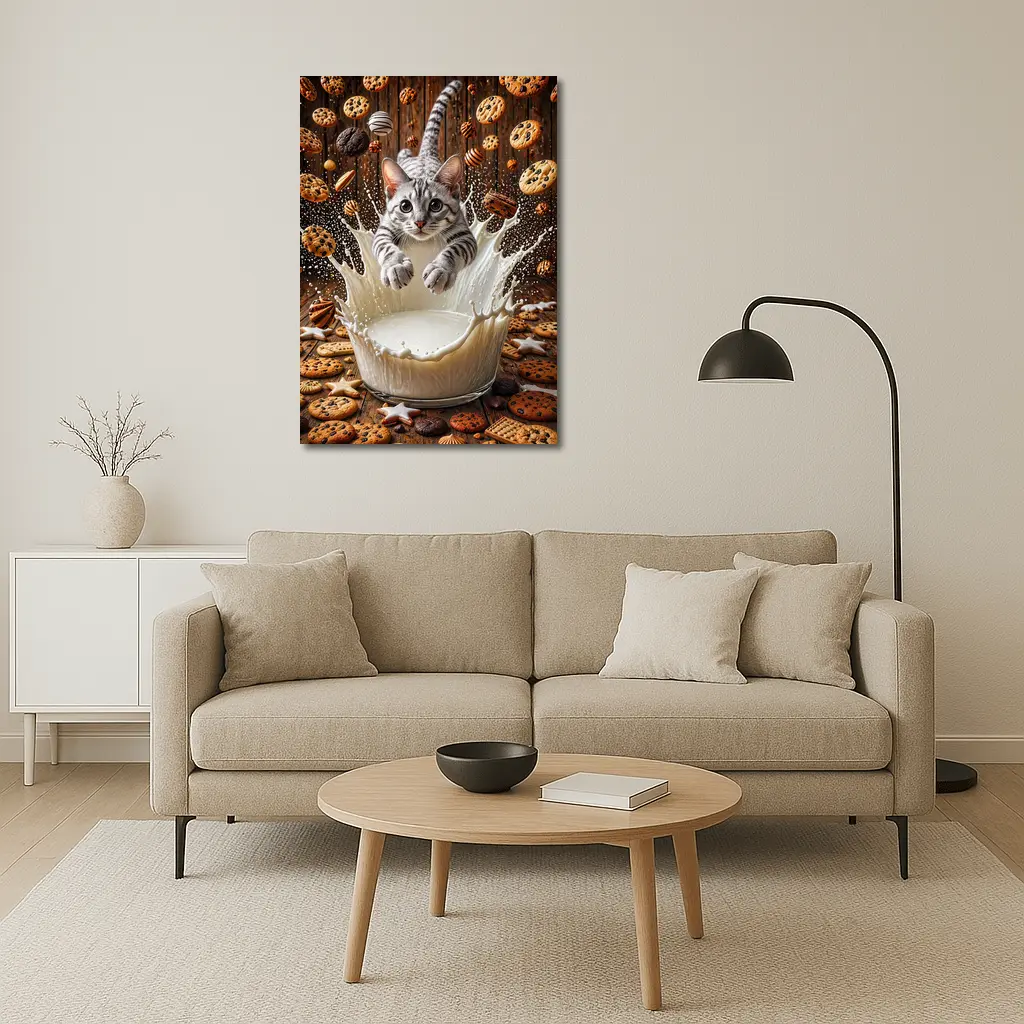 Egyptian Mau Cat Diving Into Milk Cookies – Wall Art