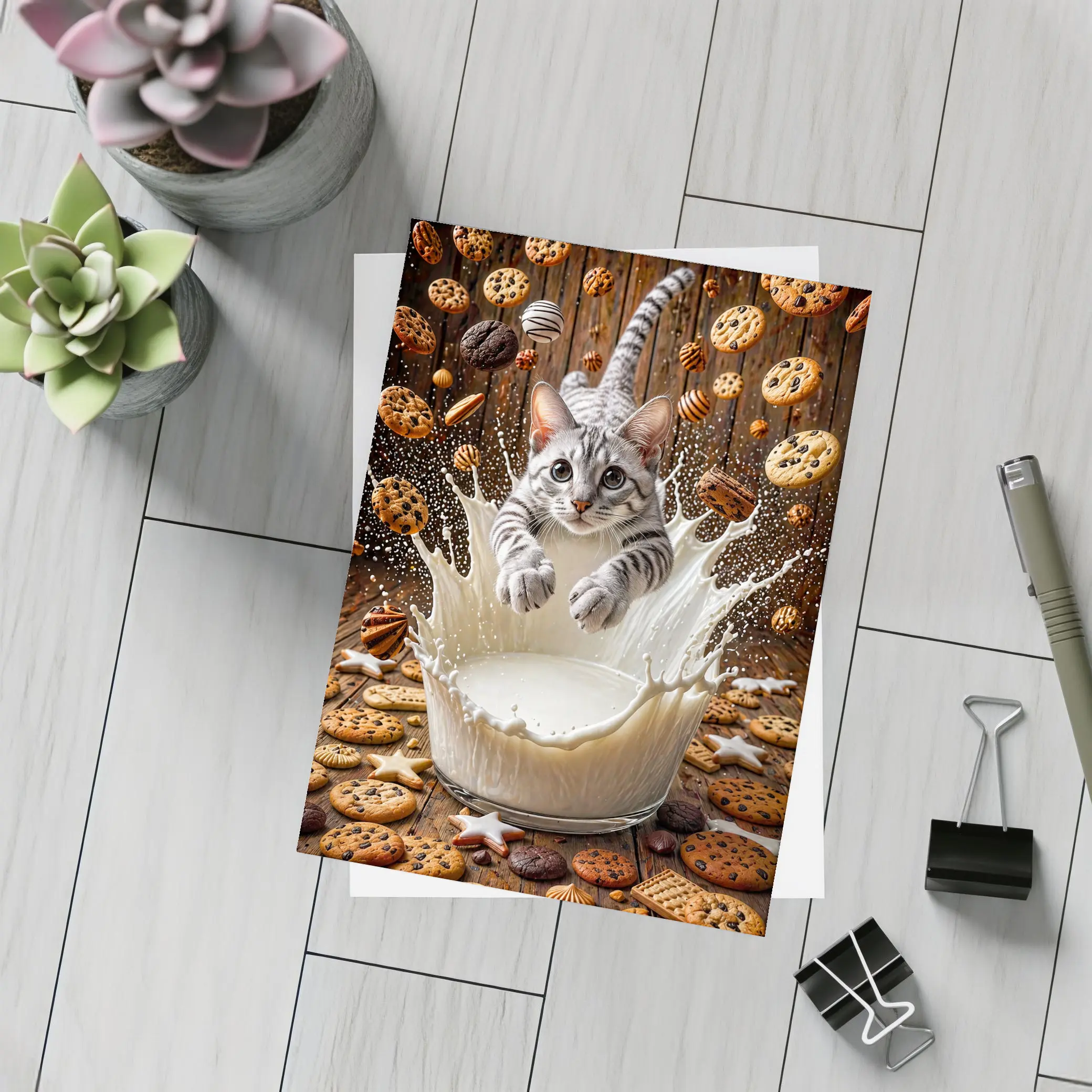 Egyptian Mau Cat Diving Into Milk Cookies – Postcards