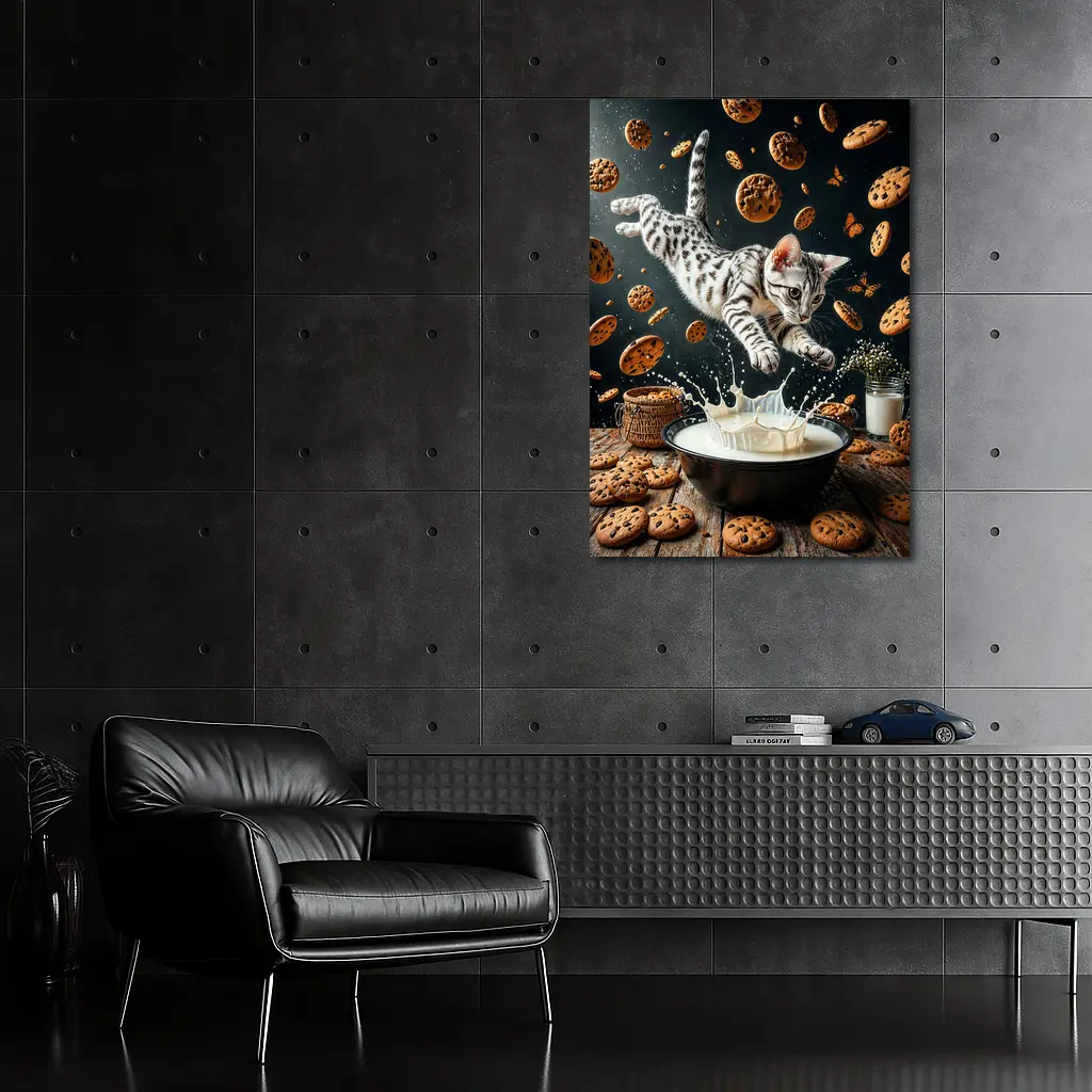 Egyptian Mau Cat Leaping Into Milk Bowl – Wall Art