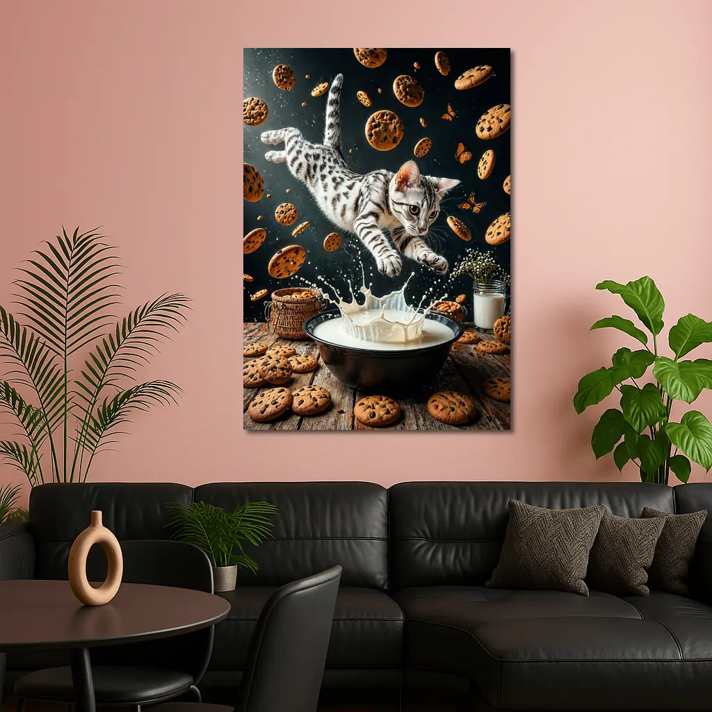 Egyptian Mau Cat Leaping Into Milk Bowl – Wall Art