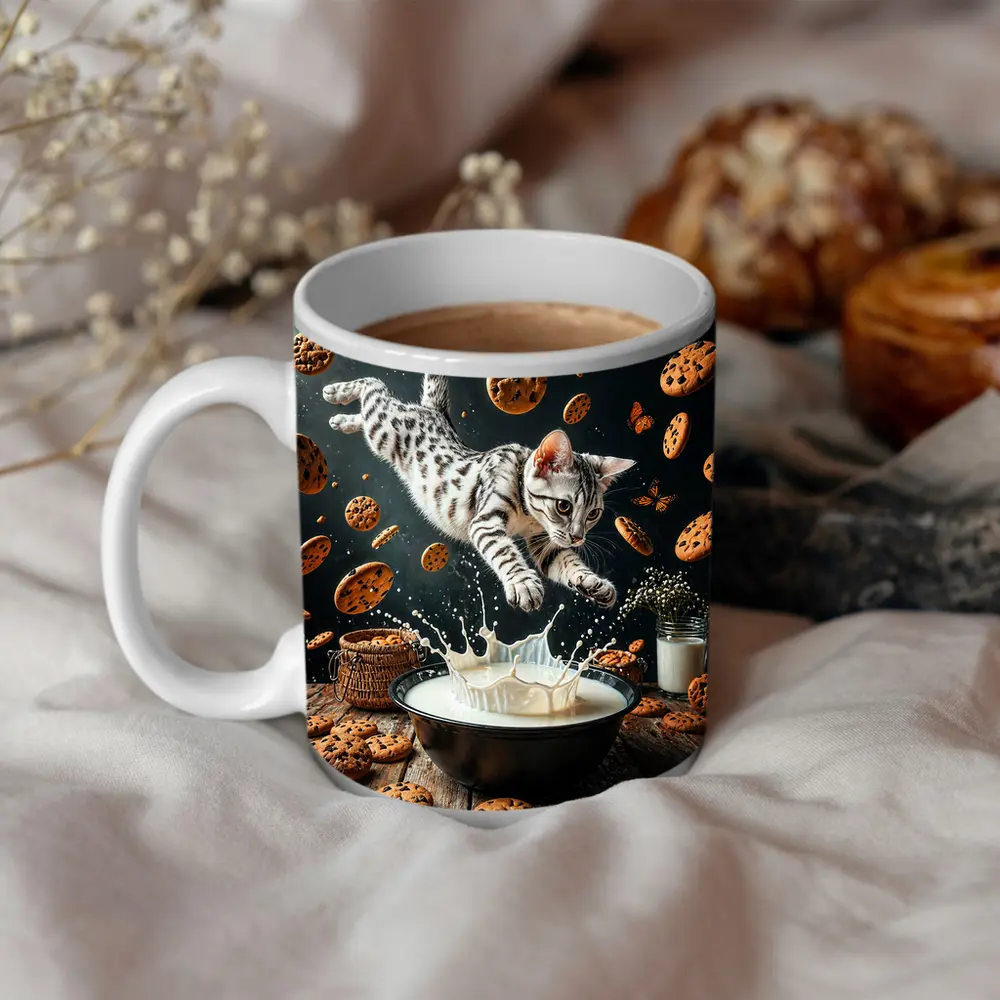 Egyptian Mau Cat Leaping Into Milk Bowl – Mugs