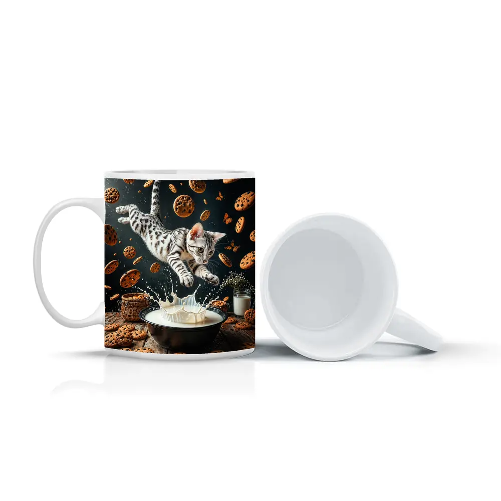Egyptian Mau Cat Leaping Into Milk Bowl – Mugs