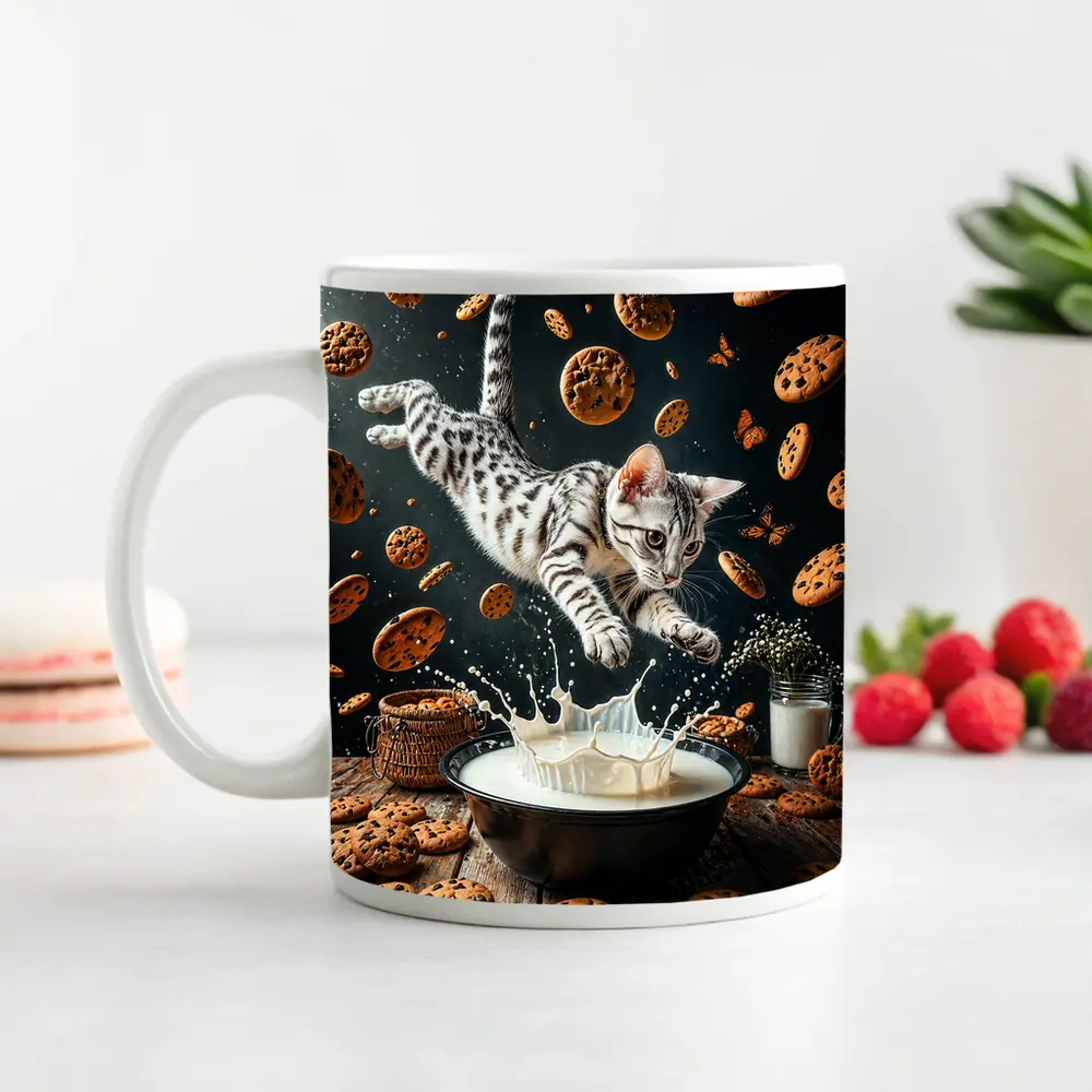 Egyptian Mau Cat Leaping Into Milk Bowl – Mugs