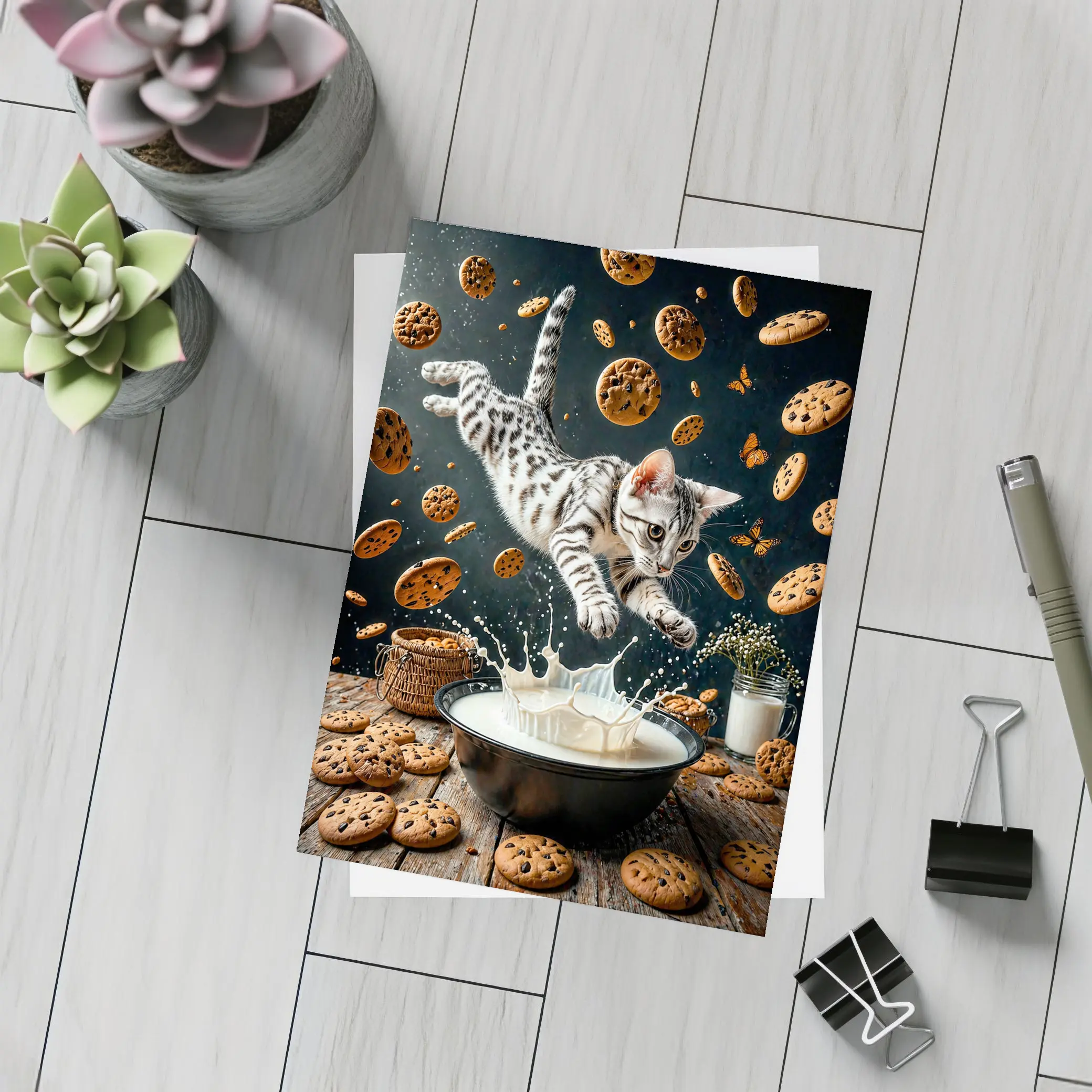 Egyptian Mau Cat Leaping Into Milk Bowl – Postcards