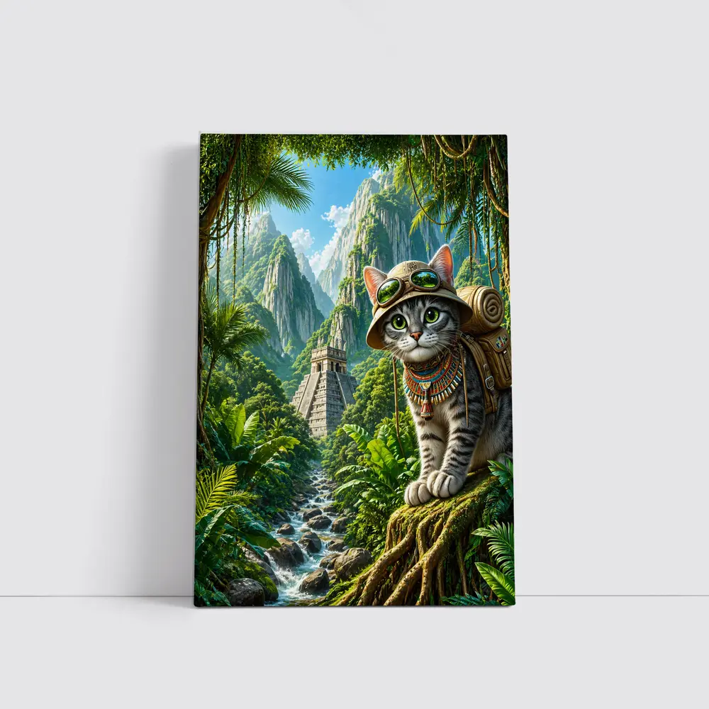 Explorer Cat Jungle Ancient Temple Adventure – Wall Art
