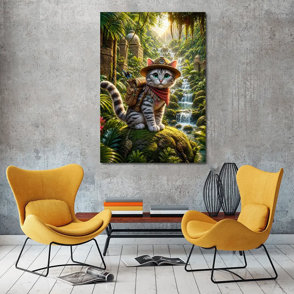 Explorer Cat Adventure Jungle Waterfall Ancient Ruins – Wall Art