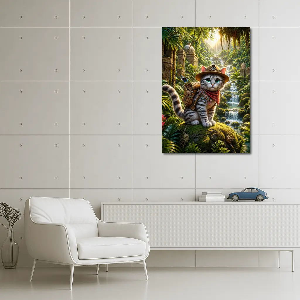 Explorer Cat Adventure Jungle Waterfall Ancient Ruins – Wall Art