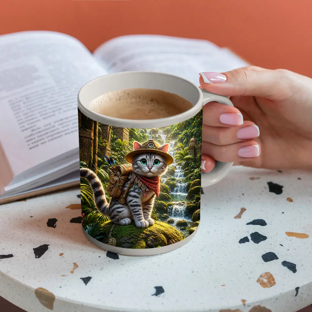 Explorer Cat Adventure Jungle Waterfall Ancient Ruins – Mugs