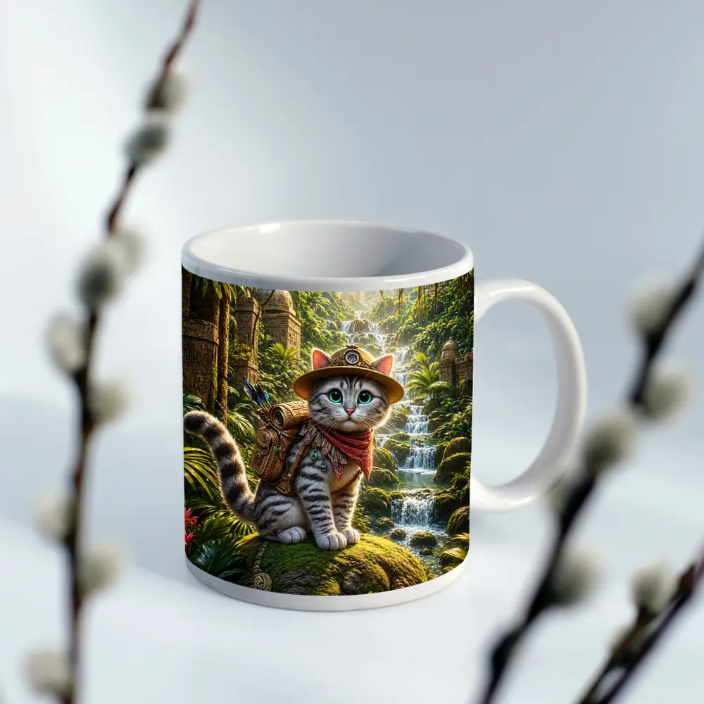 Explorer Cat Adventure Jungle Waterfall Ancient Ruins – Mugs