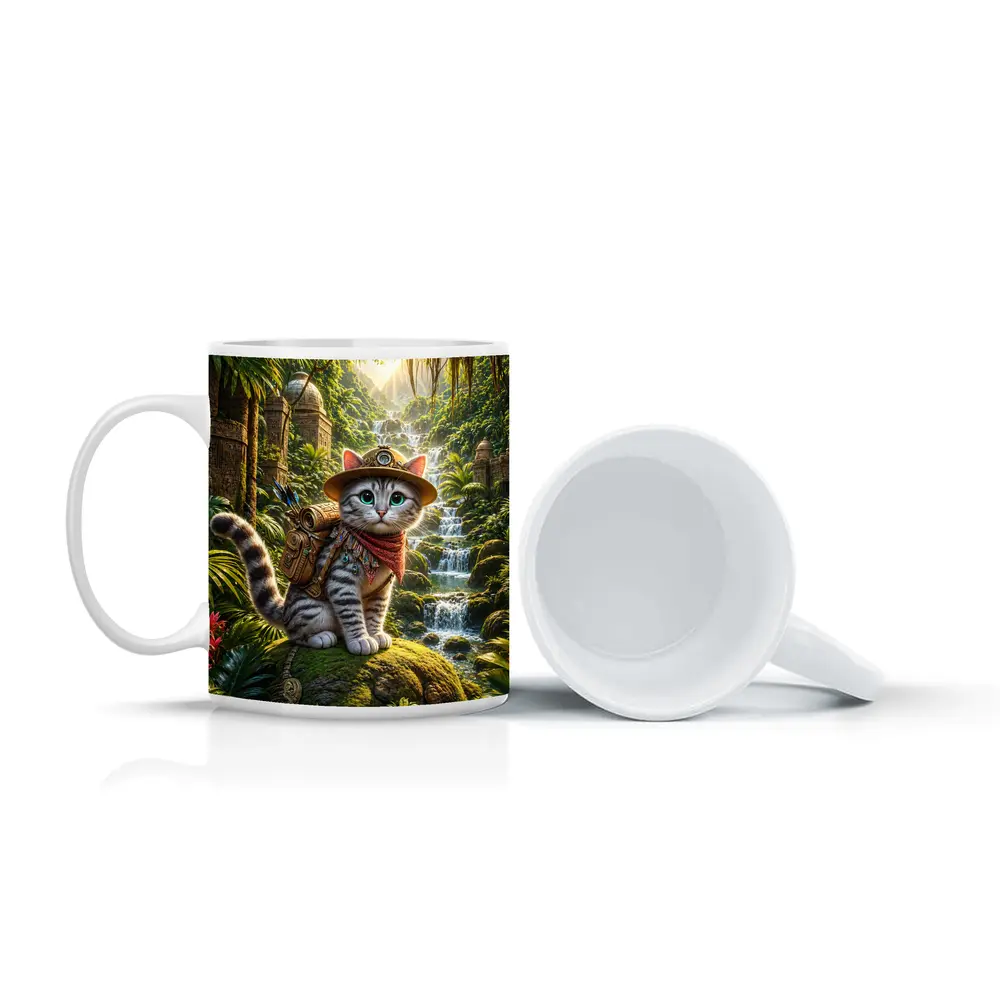 Explorer Cat Adventure Jungle Waterfall Ancient Ruins – Mugs