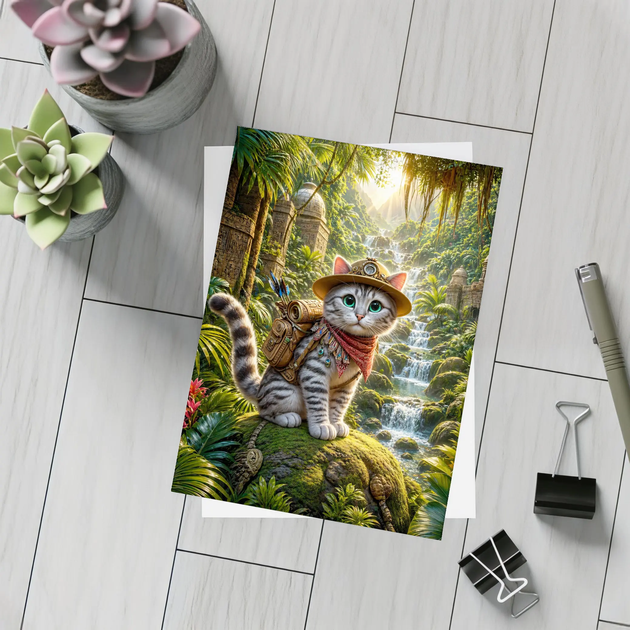 Explorer Cat Adventure Jungle Waterfall Ancient Ruins – Postcards