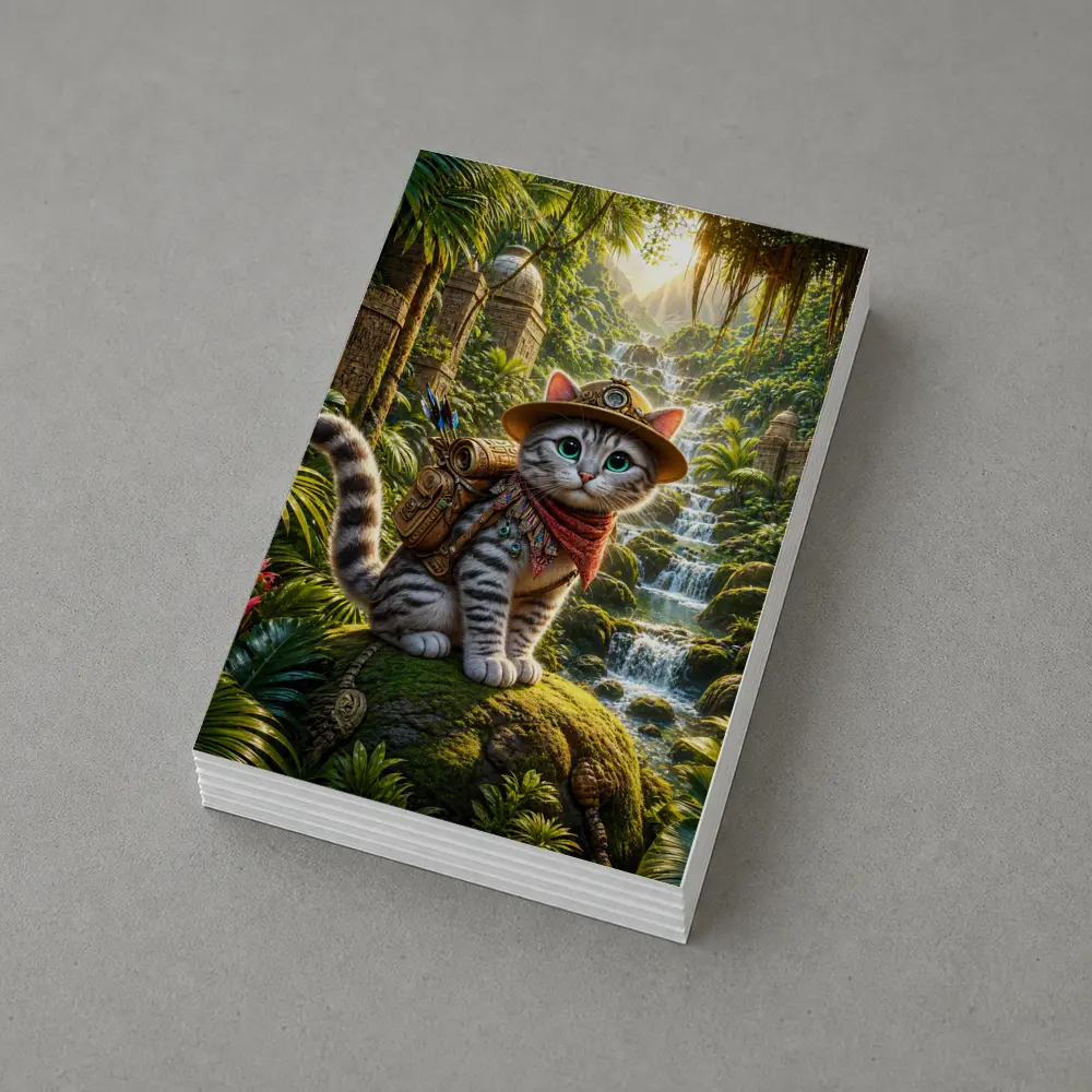 Explorer Cat Adventure Jungle Waterfall Ancient Ruins – Postcards