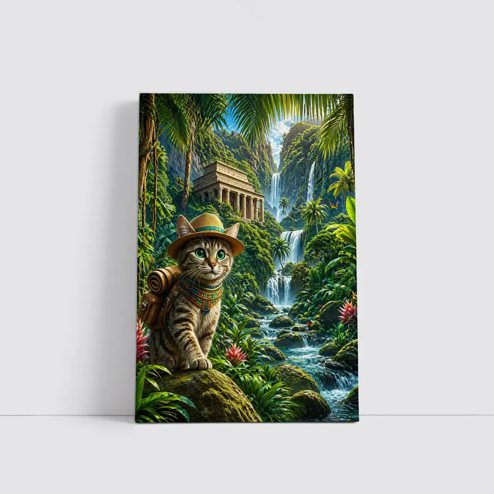 Egyptian Mau Explorer Cat Jungle Waterfall Temple – Wall Art