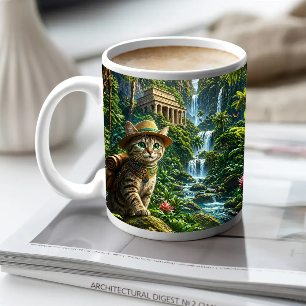 Egyptian Mau Explorer Cat Jungle Waterfall Temple – Mugs