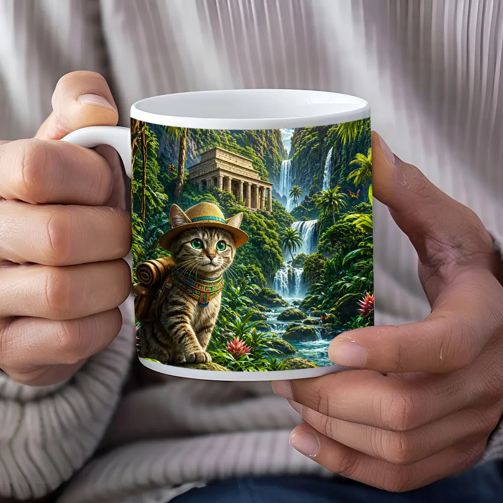 Egyptian Mau Explorer Cat Jungle Waterfall Temple – Mugs