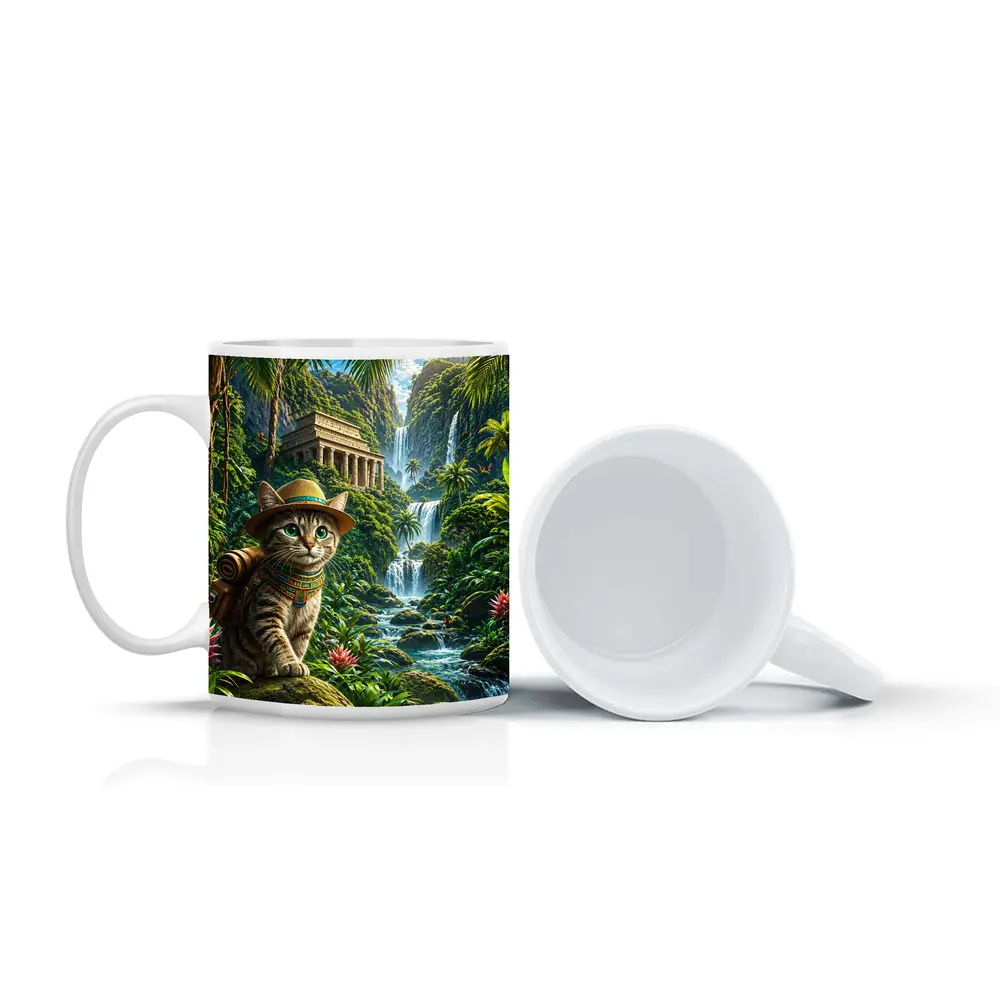 Egyptian Mau Explorer Cat Jungle Waterfall Temple – Mugs
