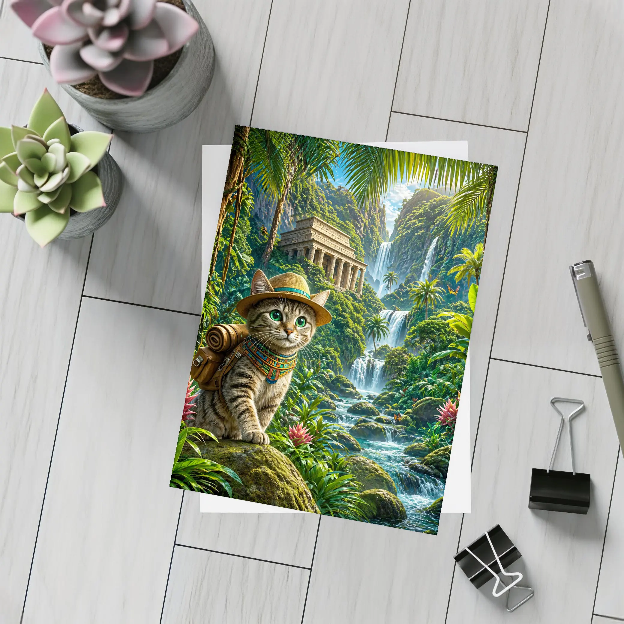 Egyptian Mau Explorer Cat Jungle Waterfall Temple – Postcards