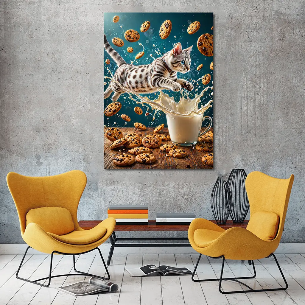 Egyptian Mau Kitten Leaping Into Milk Splash – Wall Art