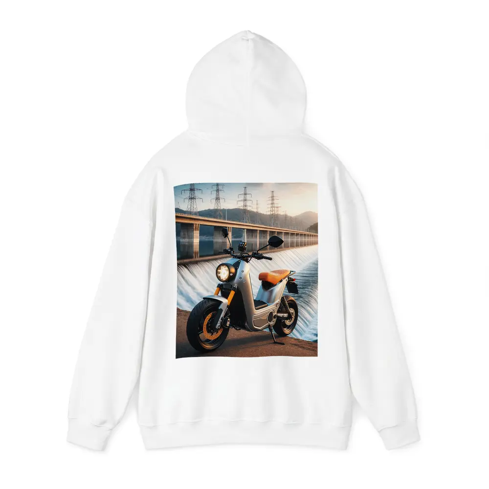 Electric Scooter Parked Near Dam Waterfall – Hoodies