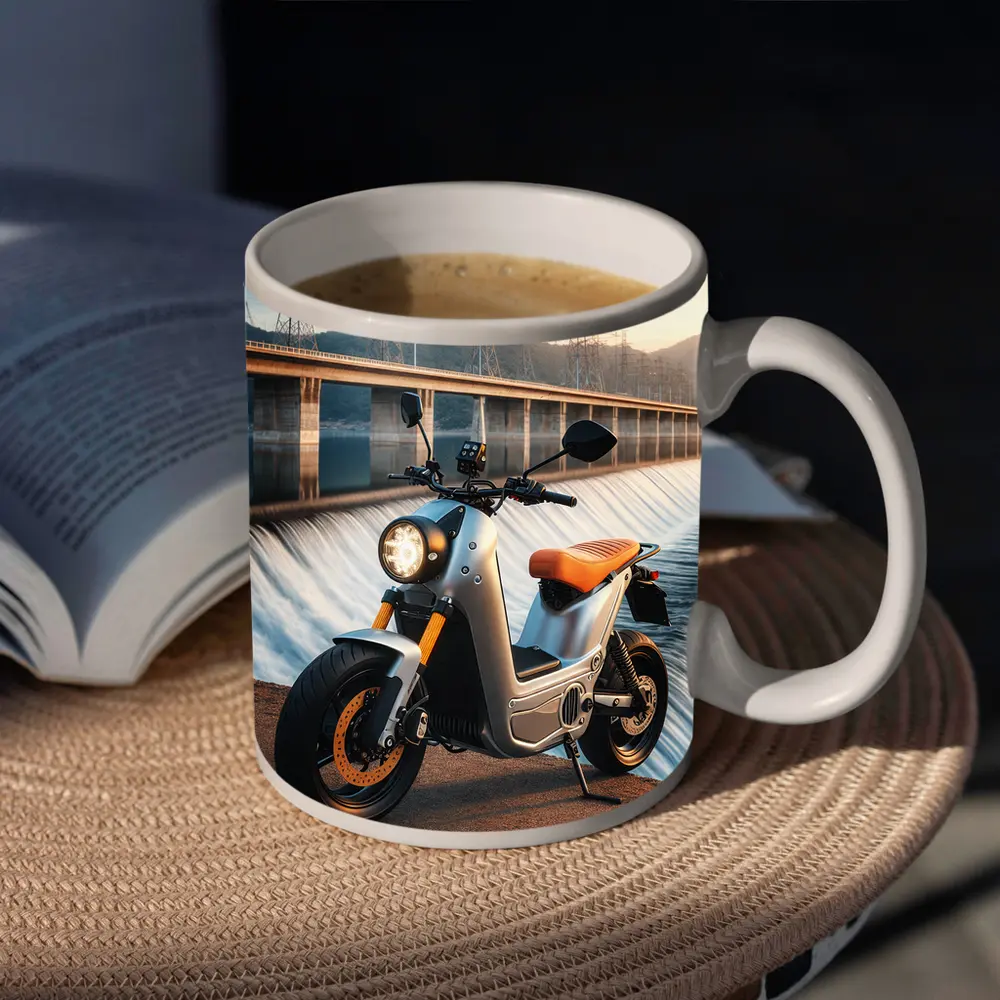 Electric Scooter Parked Near Dam Waterfall – Mugs