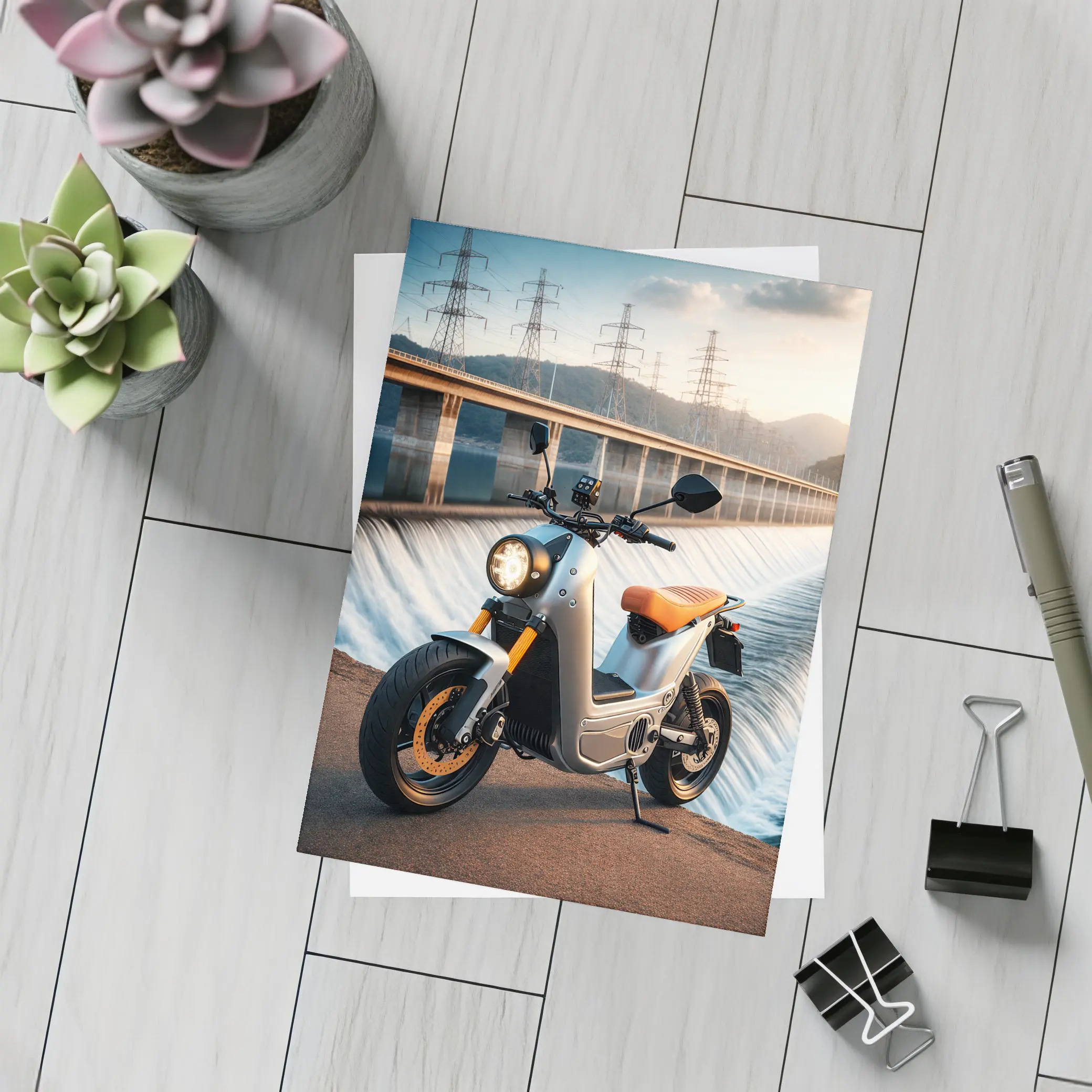 Electric Scooter Parked Near Dam Waterfall – Postcards
