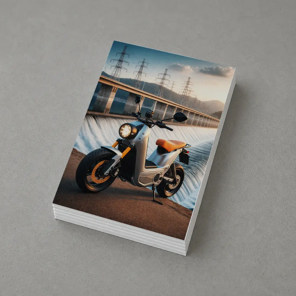 Electric Scooter Parked Near Dam Waterfall – Postcards