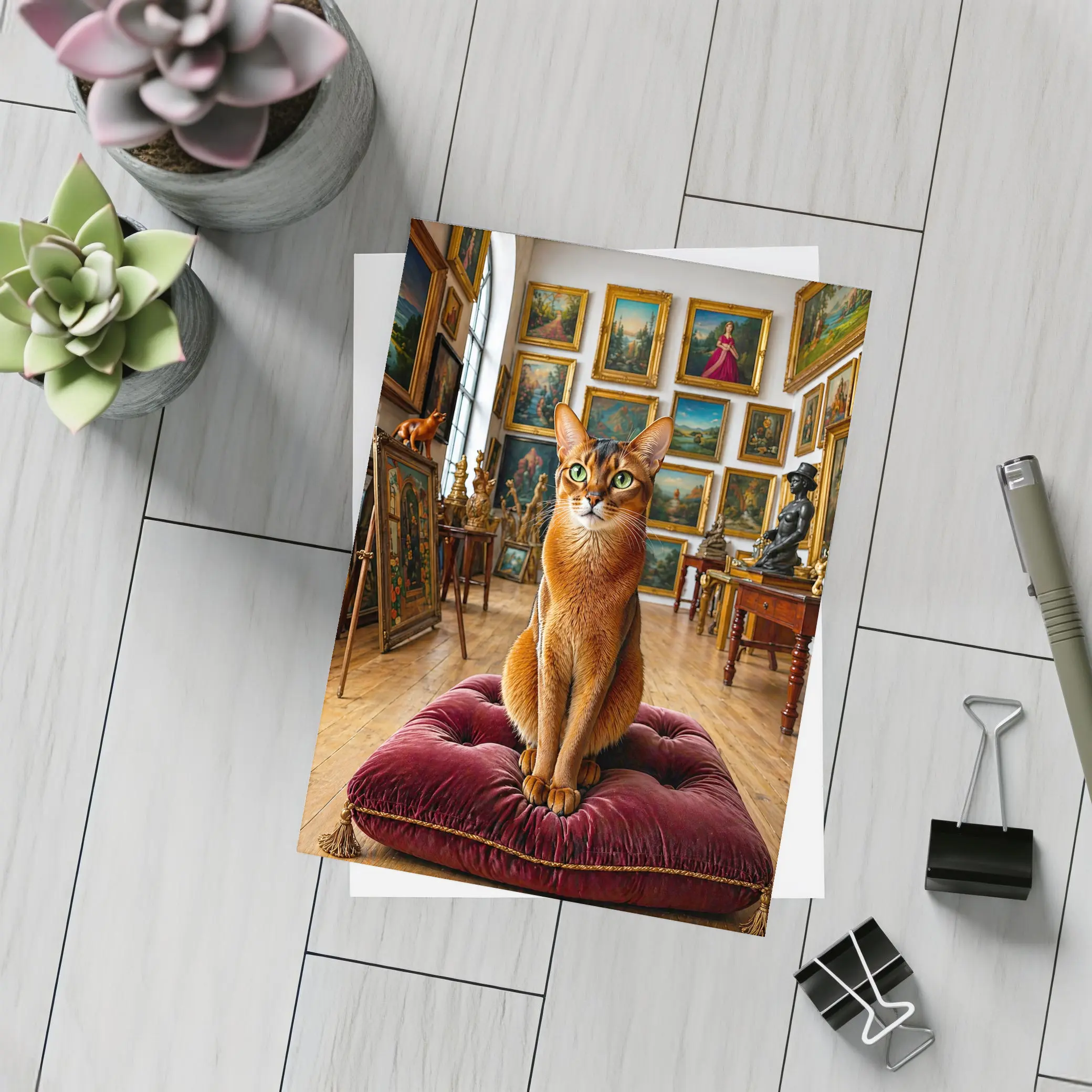 Abyssinian Cat Sitting in Art Gallery – Postcards