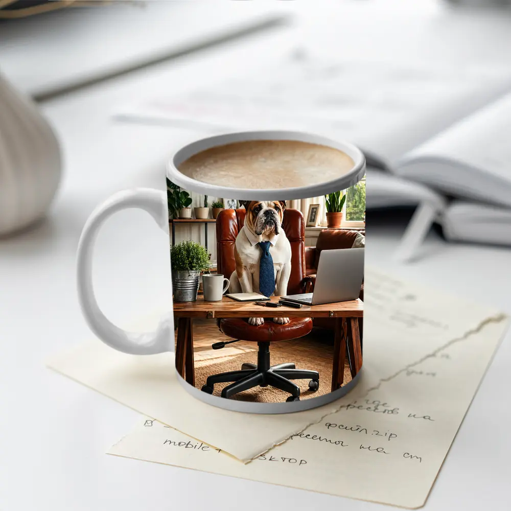 English Bulldog Boss Wearing Tie Home Office – Mugs