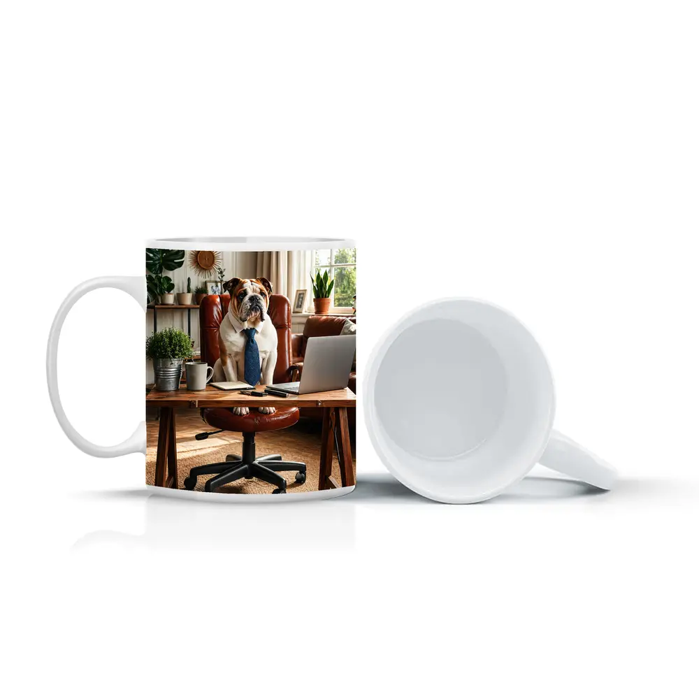 English Bulldog Boss Wearing Tie Home Office – Mugs