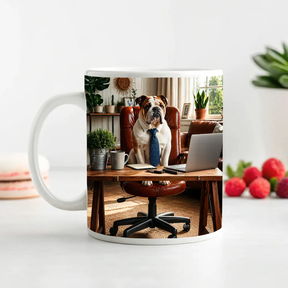 English Bulldog Boss Wearing Tie Home Office – Mugs