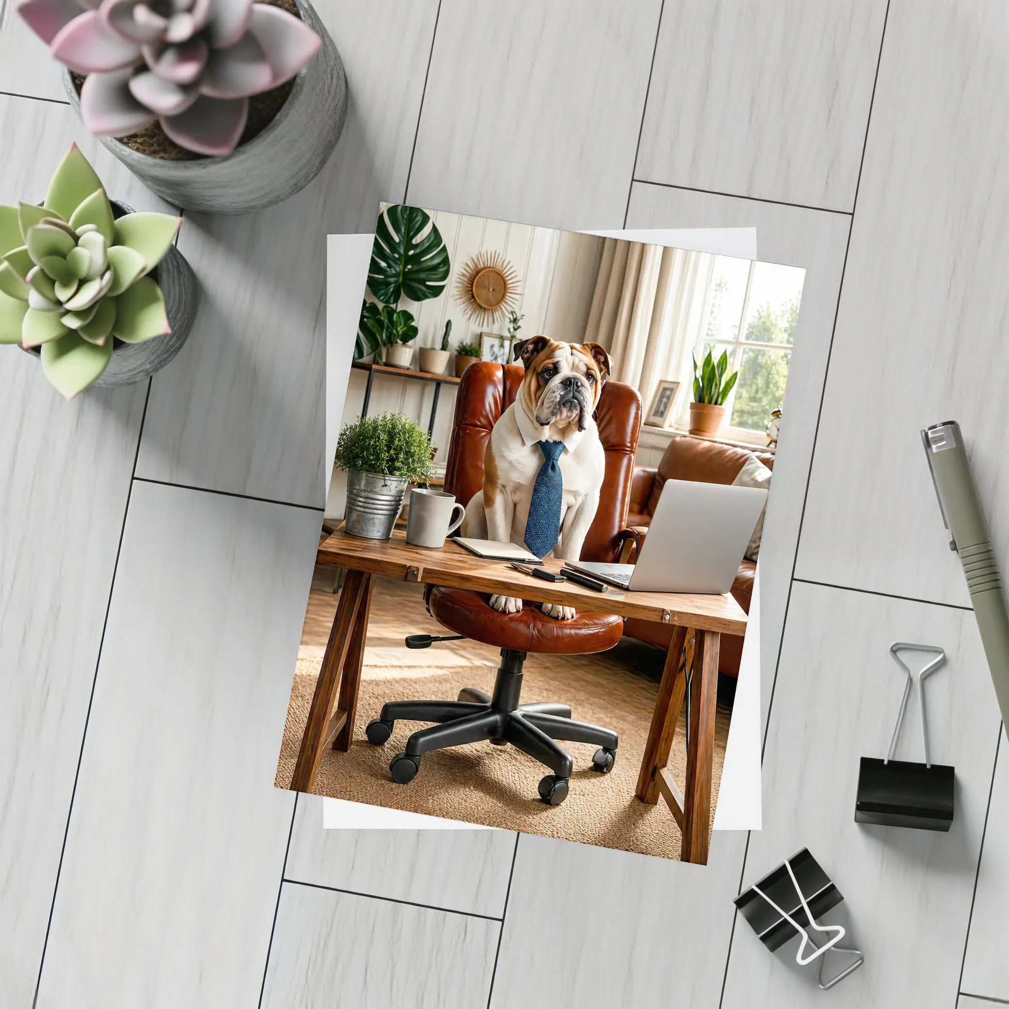English Bulldog Boss Wearing Tie Home Office – Postcards