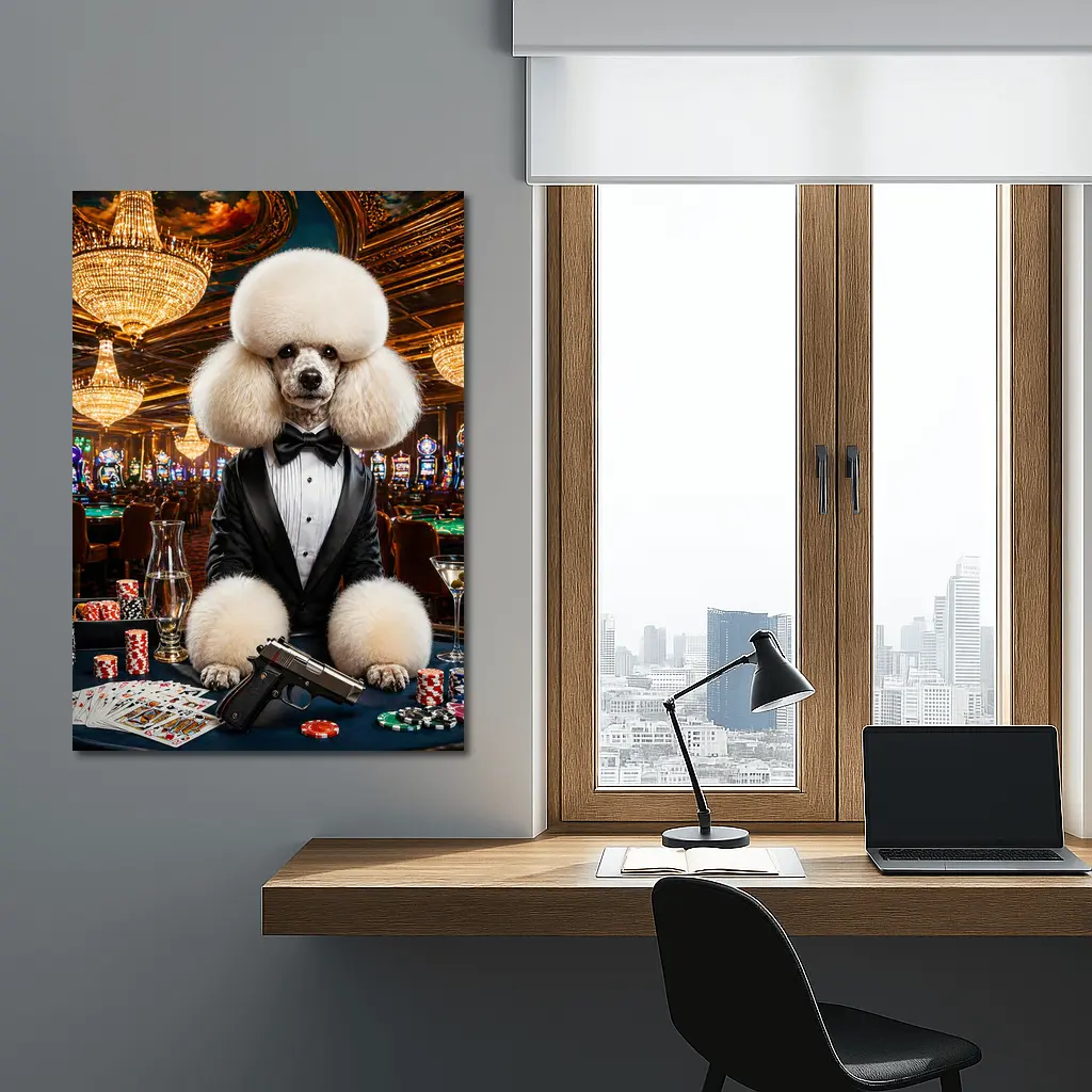 White Poodle Tuxedo Casino Spy Scene – Wall Art