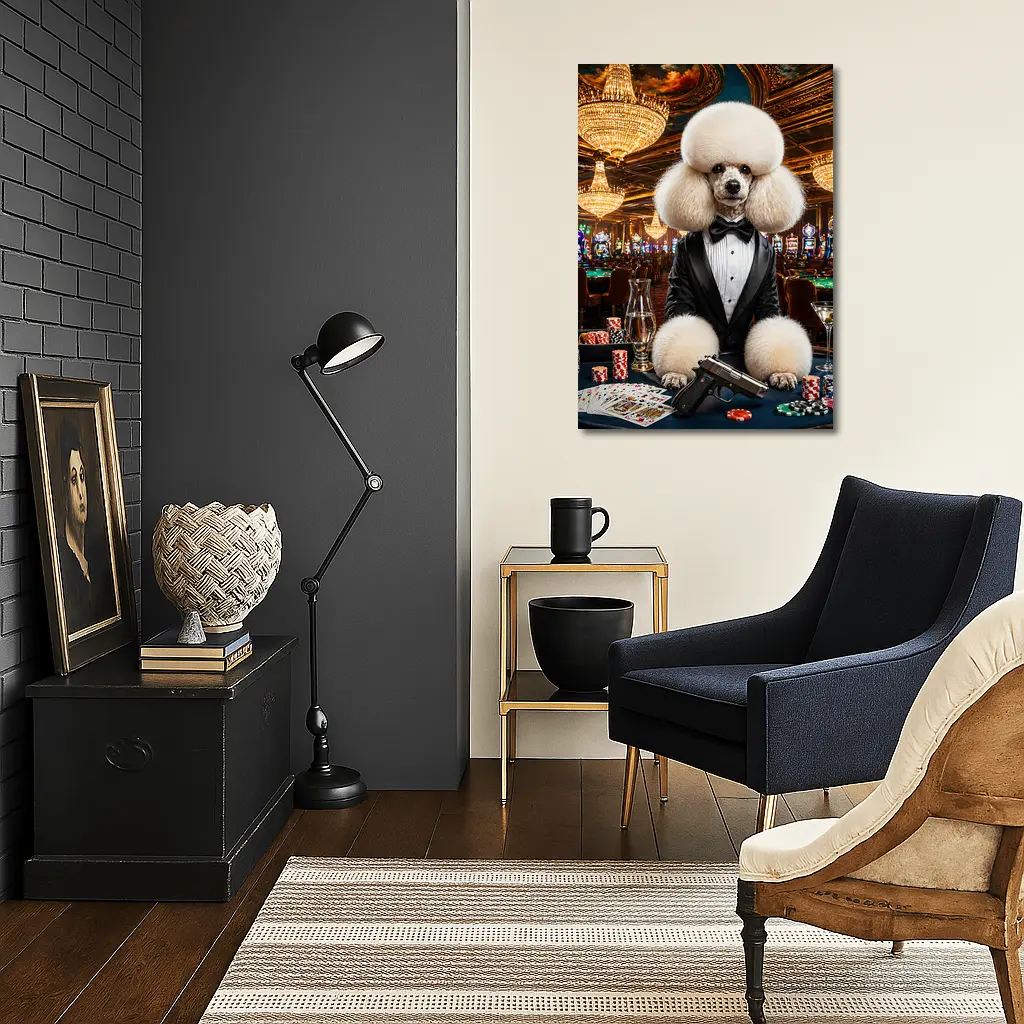 White Poodle Tuxedo Casino Spy Scene – Wall Art