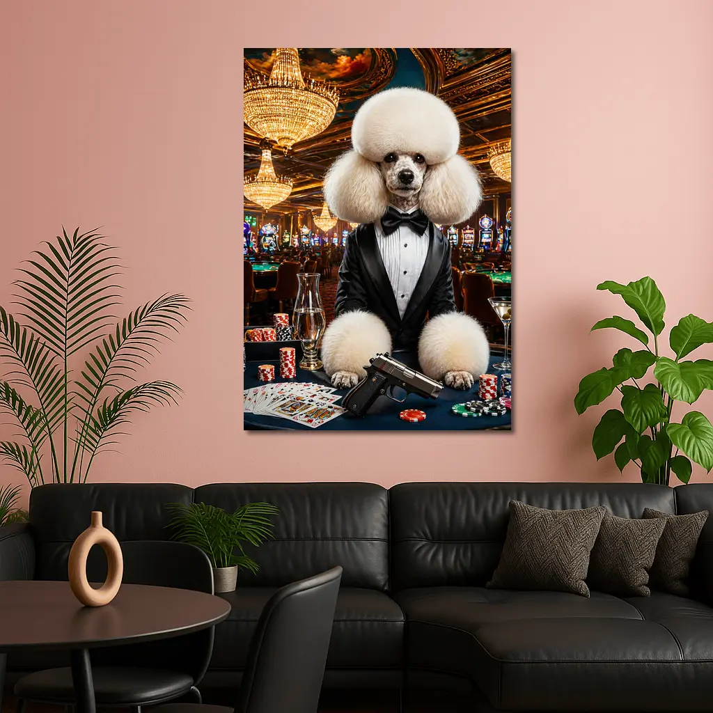 White Poodle Tuxedo Casino Spy Scene – Wall Art