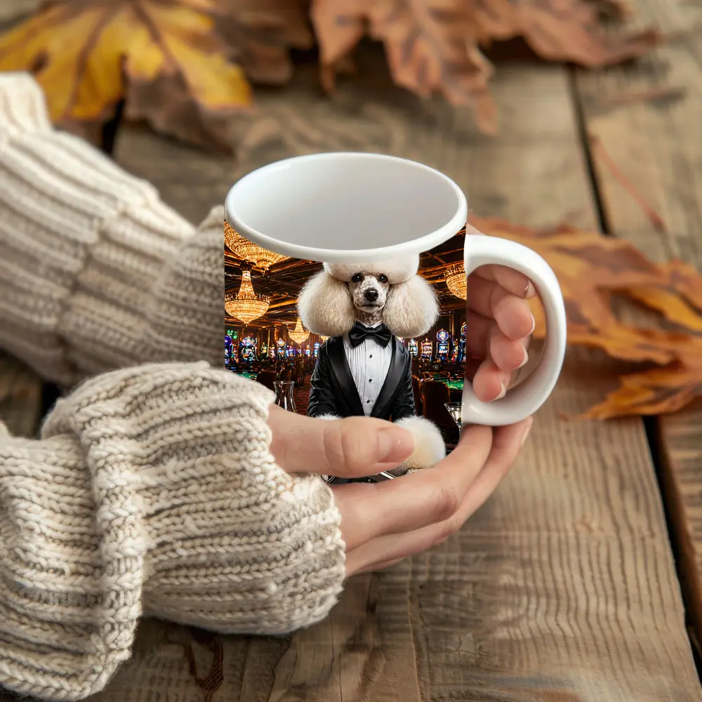 White Poodle Tuxedo Casino Spy Scene – Mugs