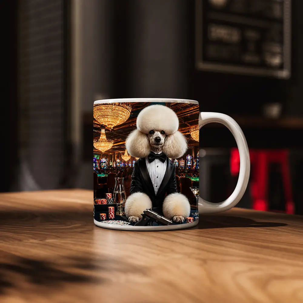 White Poodle Tuxedo Casino Spy Scene – Mugs