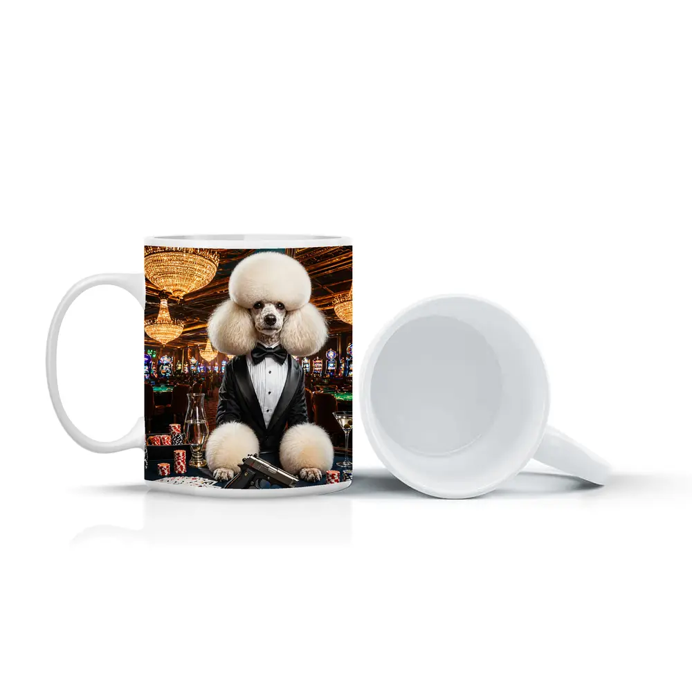 White Poodle Tuxedo Casino Spy Scene – Mugs