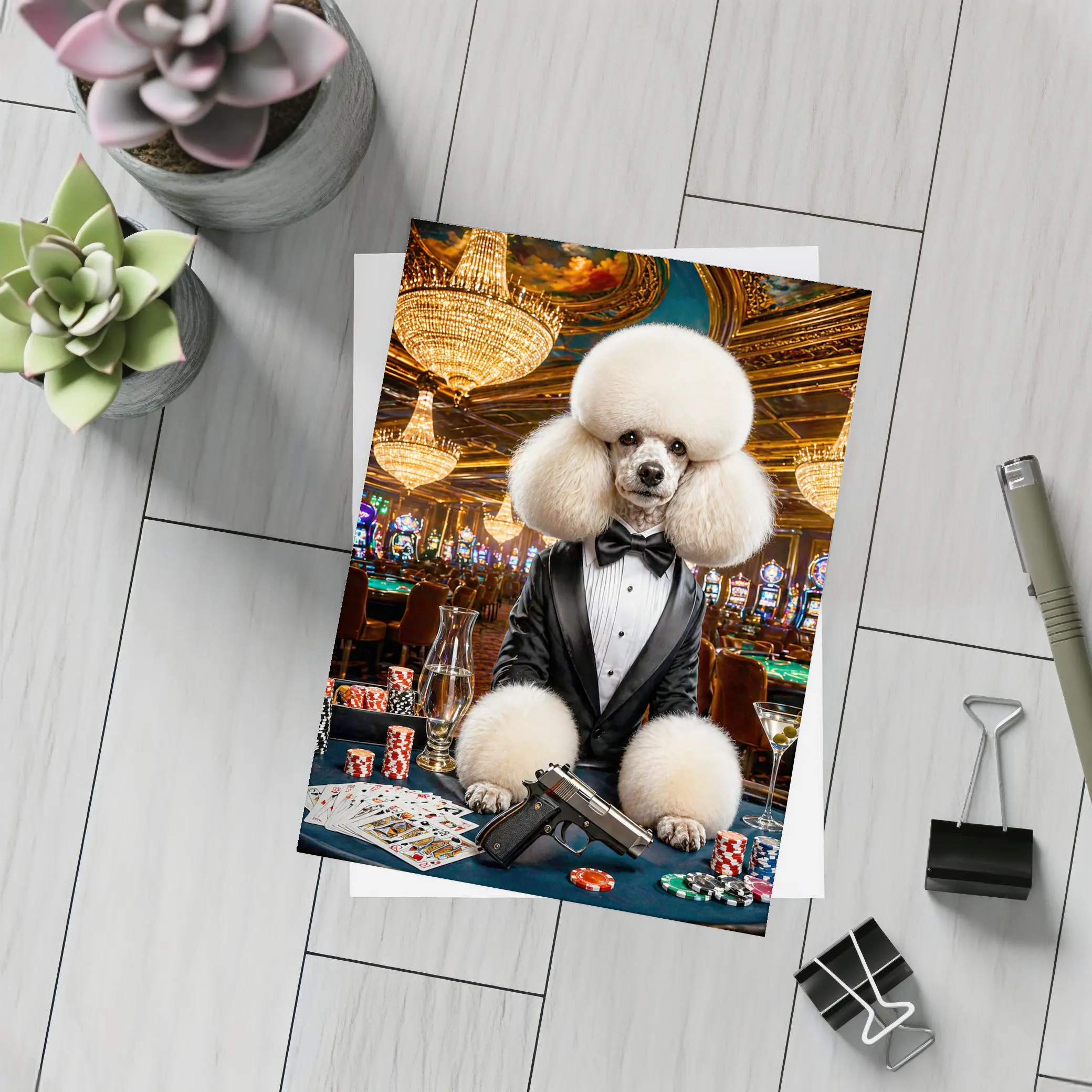 White Poodle Tuxedo Casino Spy Scene – Postcards