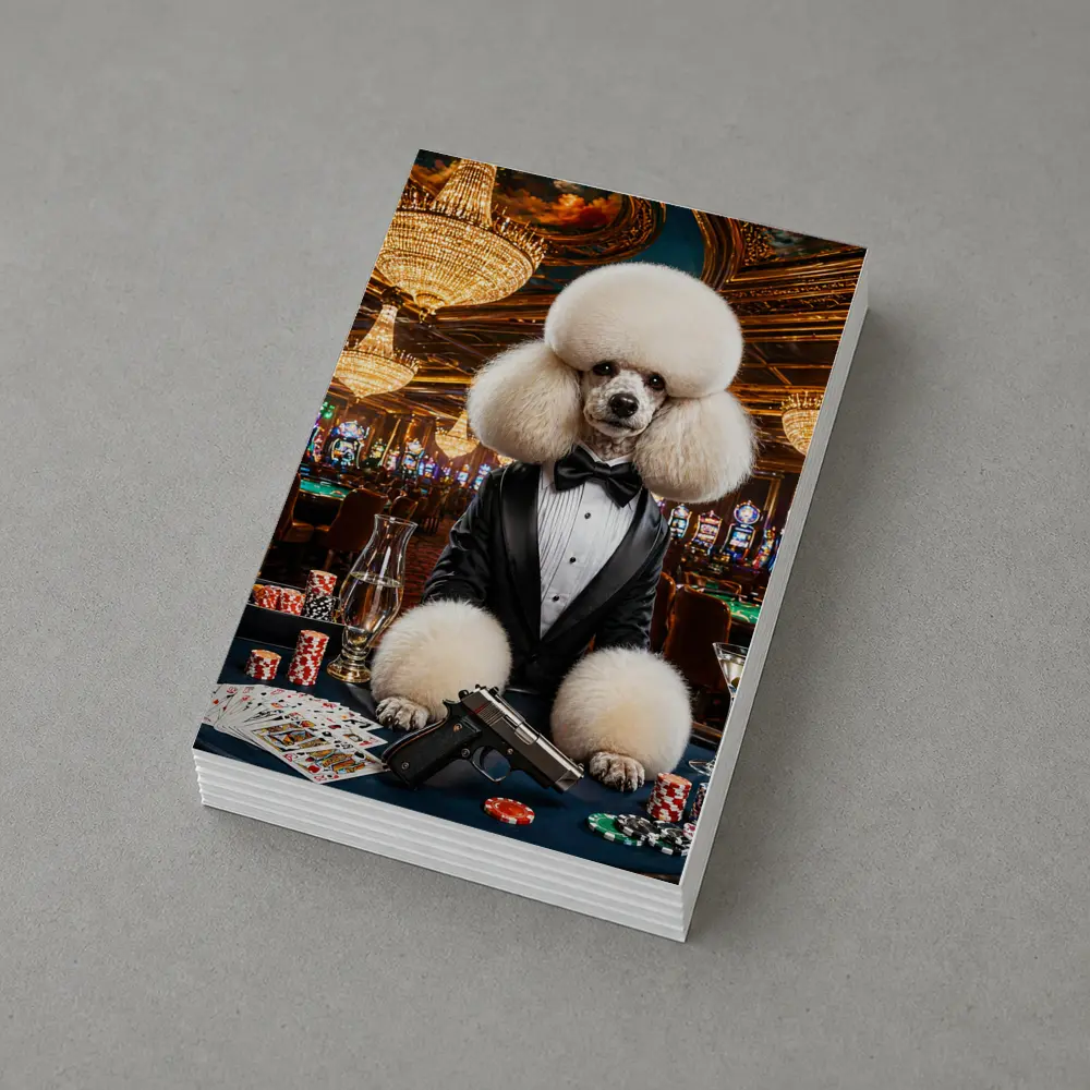White Poodle Tuxedo Casino Spy Scene – Postcards