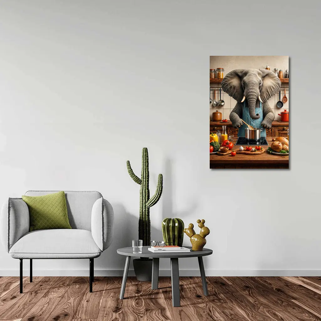 Elephant Chef Cooking in Rustic Kitchen – Wall Art