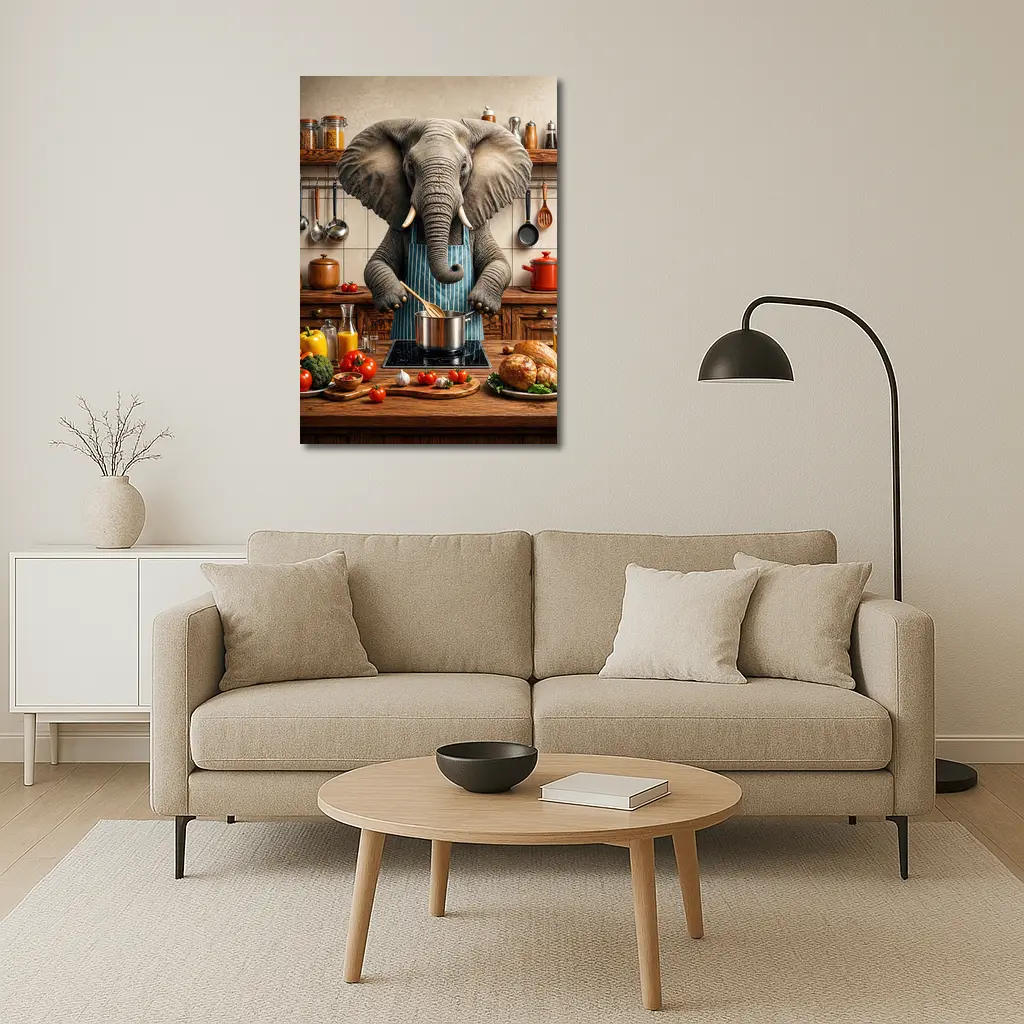 Elephant Chef Cooking in Rustic Kitchen – Wall Art