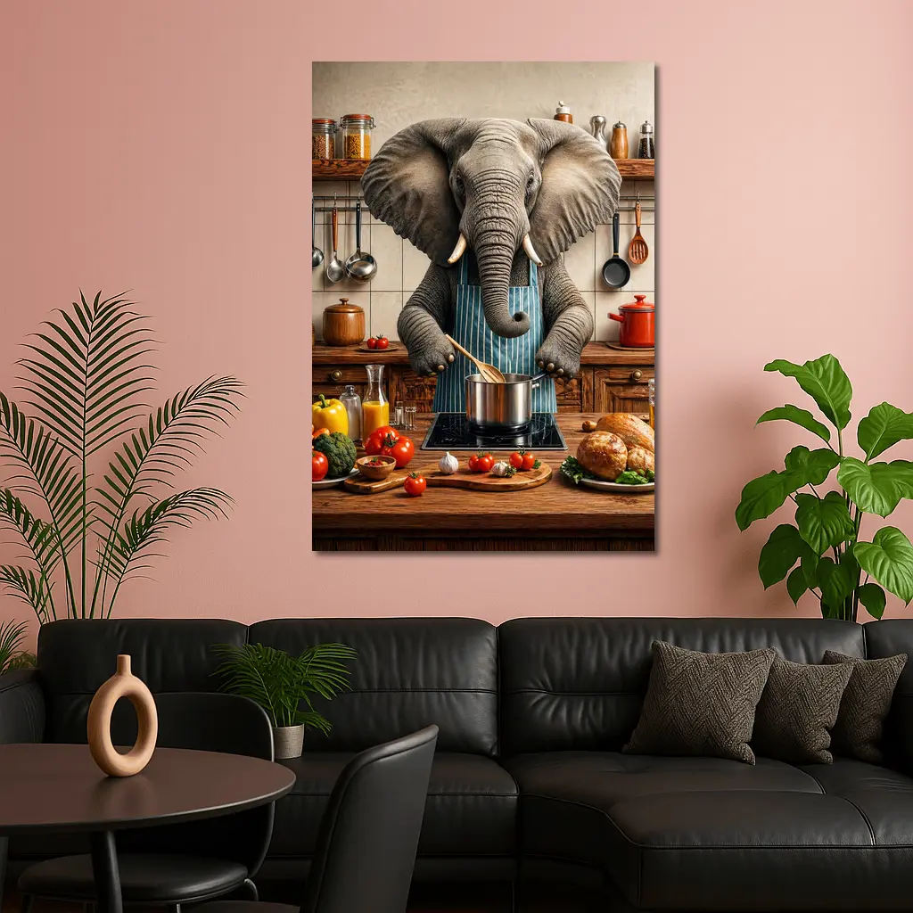 Elephant Chef Cooking in Rustic Kitchen – Wall Art