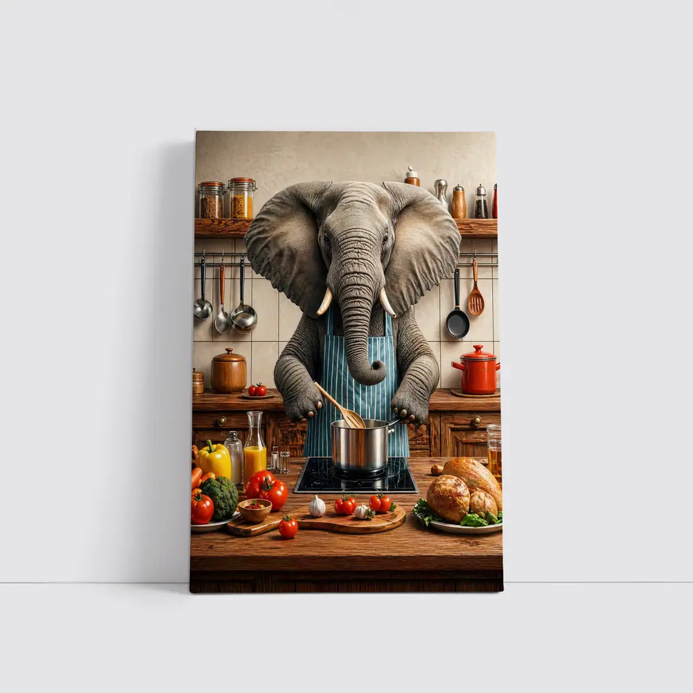 Elephant Chef Cooking in Rustic Kitchen – Wall Art
