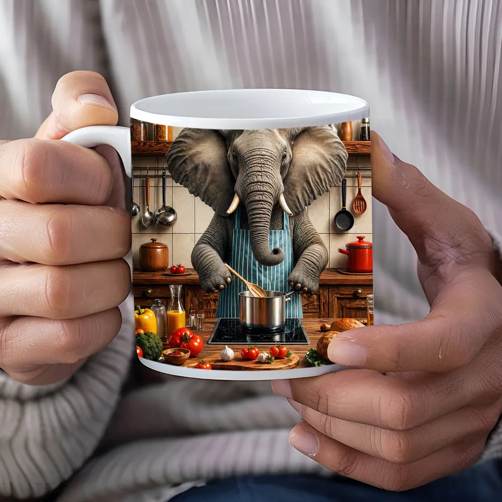 Elephant Chef Cooking in Rustic Kitchen – Mugs