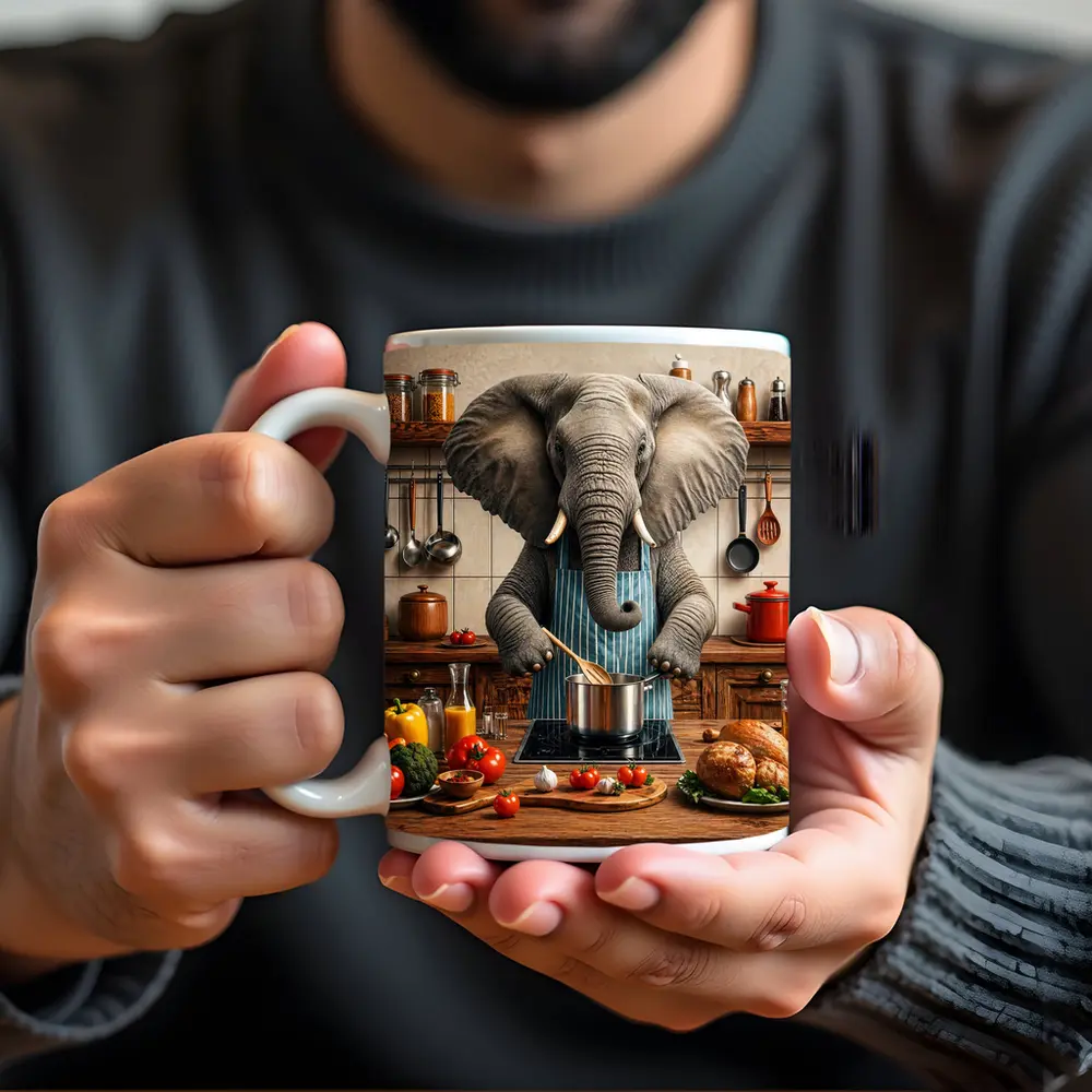 Elephant Chef Cooking in Rustic Kitchen – Mugs