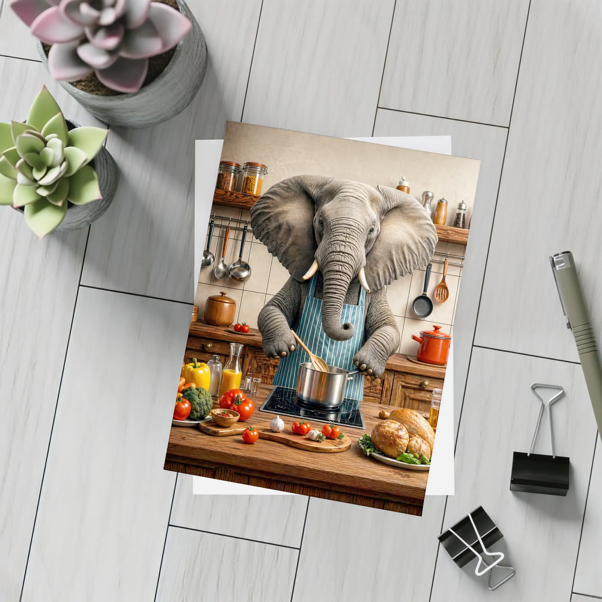 Elephant Chef Cooking in Rustic Kitchen – Postcards