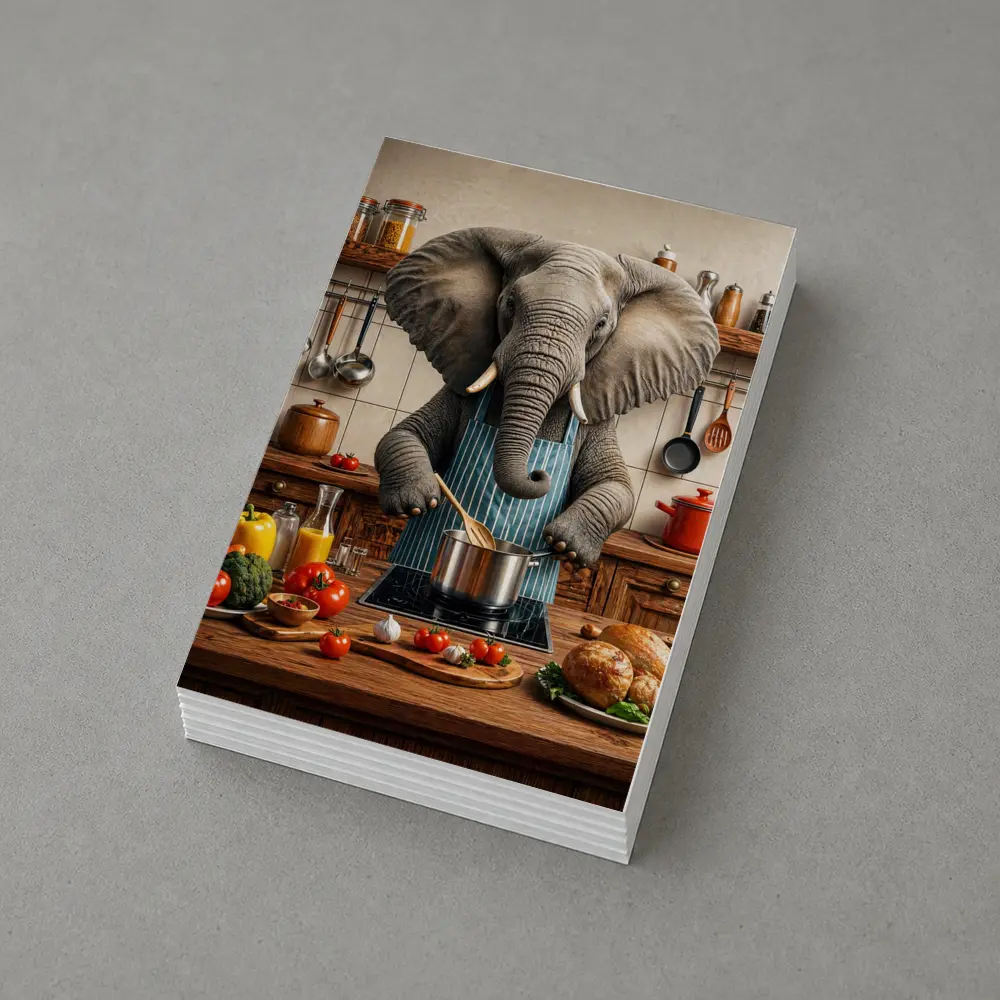 Elephant Chef Cooking in Rustic Kitchen – Postcards