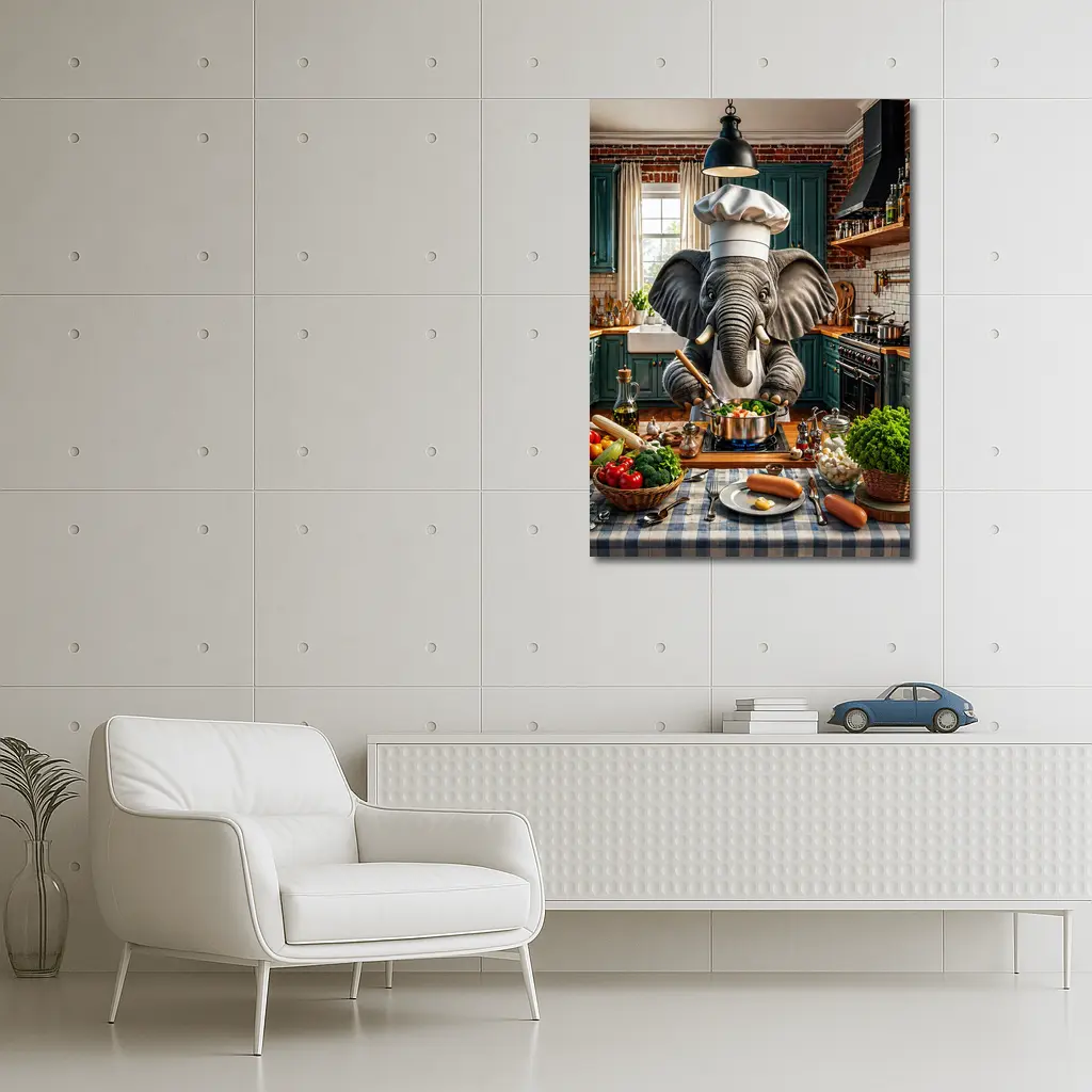Elephant Chef Cooking Vegetables in Kitchen – Wall Art