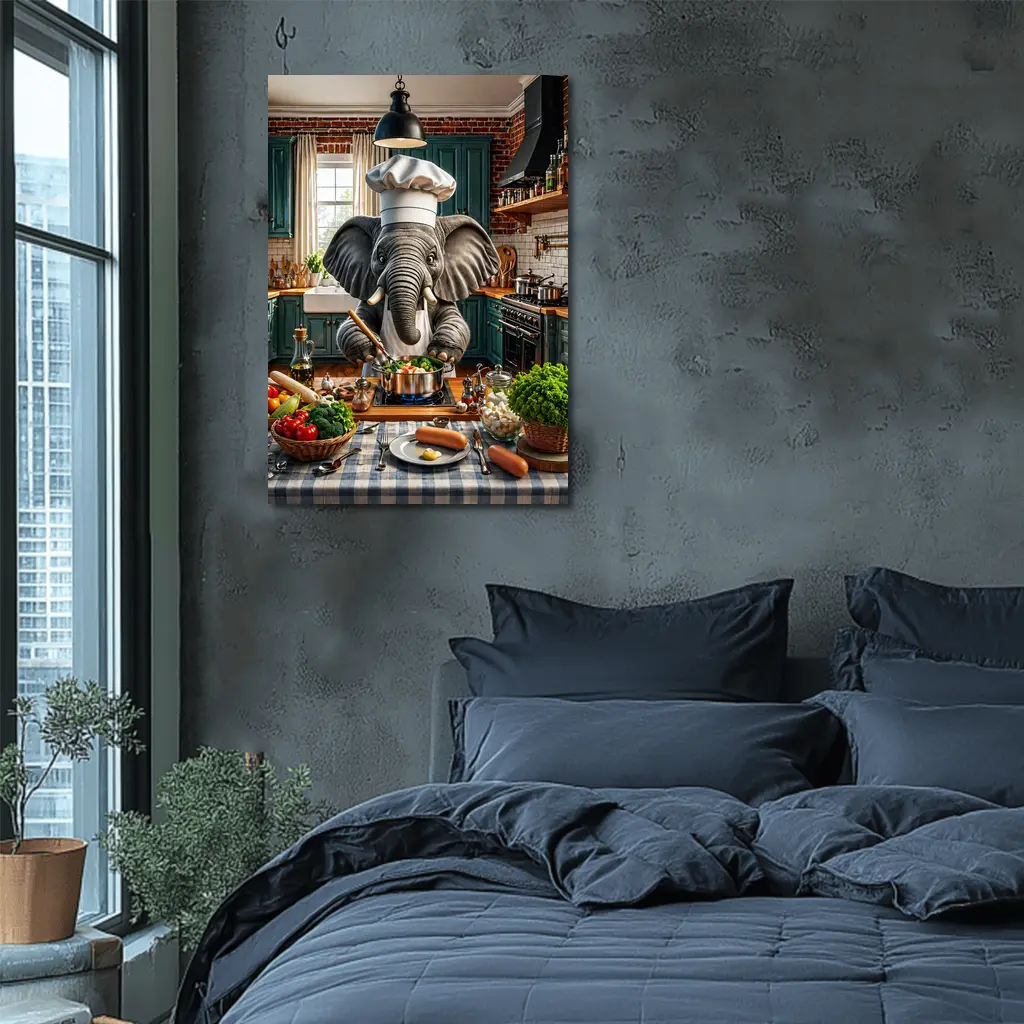 Elephant Chef Cooking Vegetables in Kitchen – Wall Art