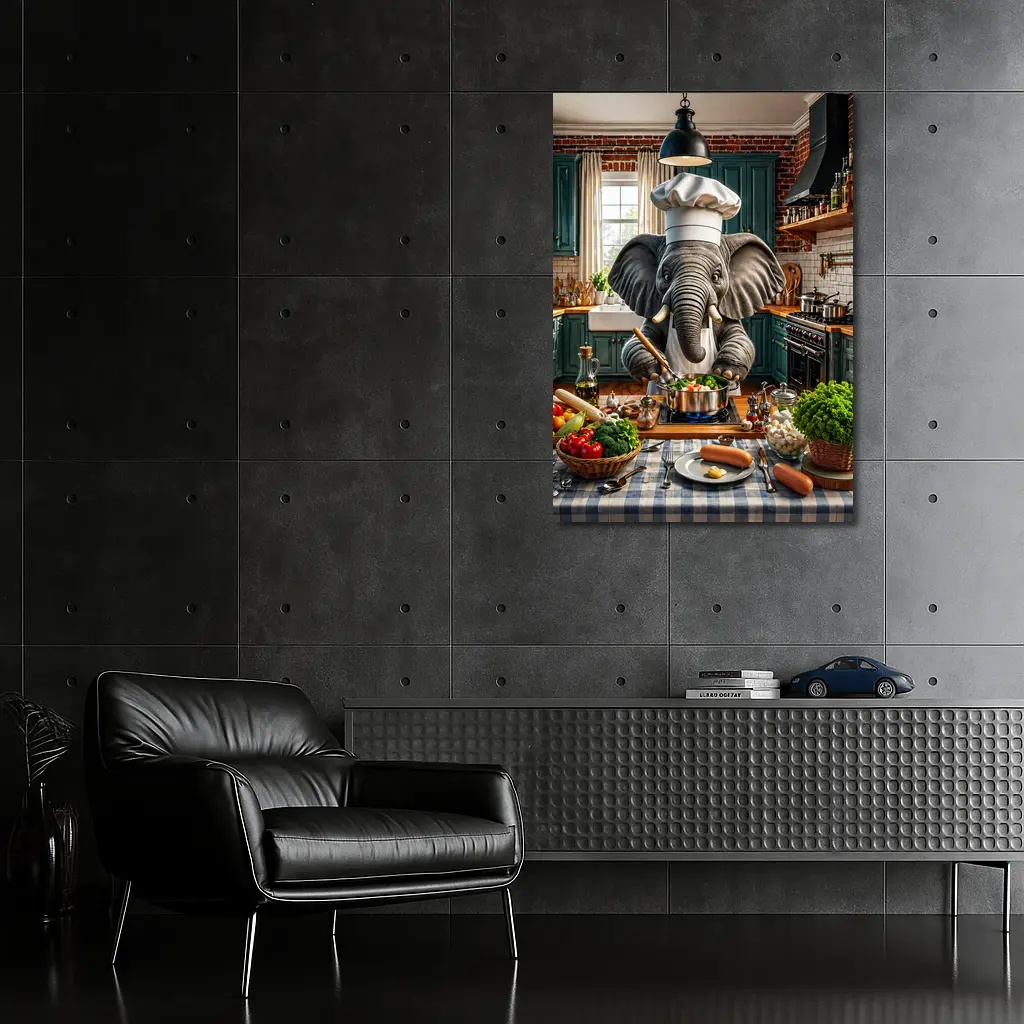Elephant Chef Cooking Vegetables in Kitchen – Wall Art